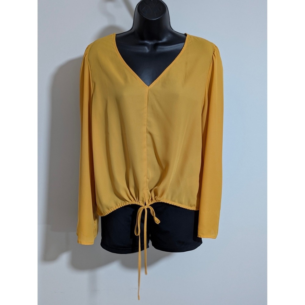 Blue Rain Tie-Front Blouse Long Sleeve V-Neck Casual Top Mustard Yellow Large